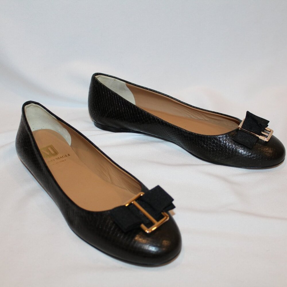 Bruno Magli Black Leather Bow Flats with Gold Accent